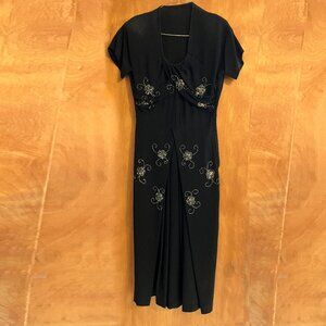 Vintage Midi Black Beaded Dress Fitted Waist 1940's Size S 2
